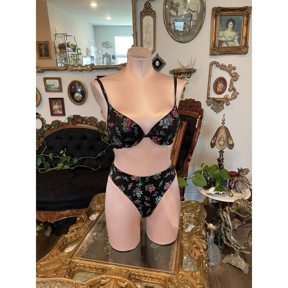 Vintage Victoria's Secret Floral satin Lace Up bow thong panties Bra Set L/34C
